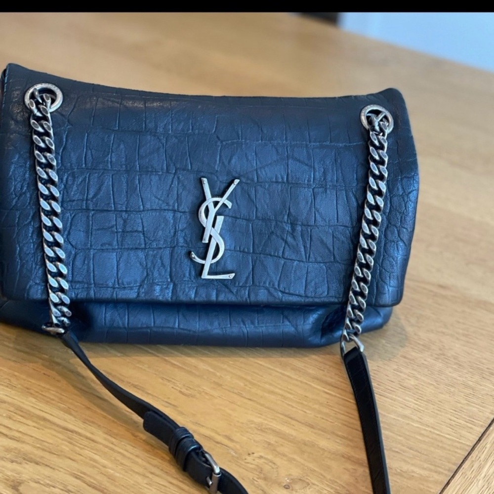 Saint Laurent Black Croc-Embossed Shoulder Bag